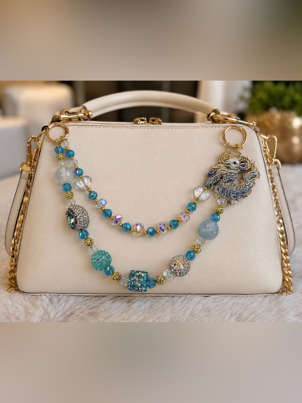Aries Aqua Purse Charm with Gold Accents
